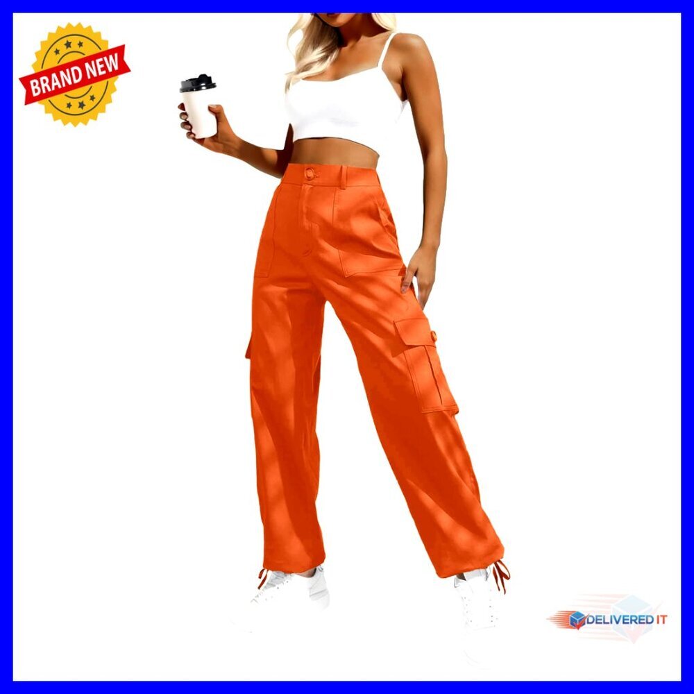 High Waisted Cargo Pants with Drawstring Ankle Cuffs, 6 Pockets, Stretchy Fabric
